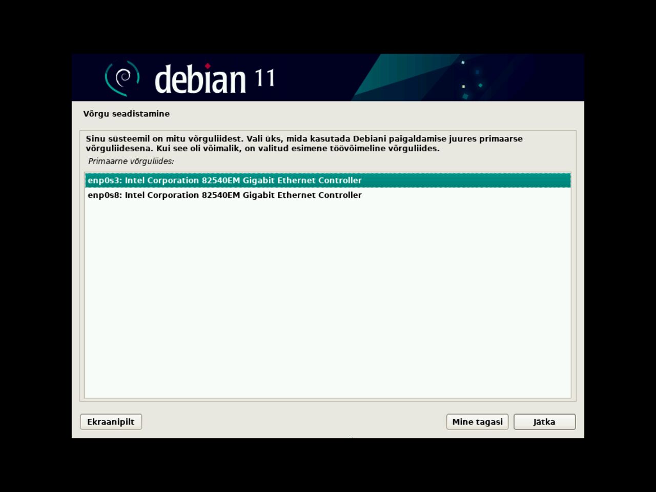Minu esimene Linux sülearvuti - Valige esmane liides võrgu konfigureerimiseks debiani installimise ajal