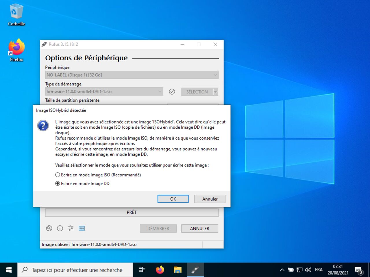 Mon premier ordinateur Linux - Le support USB amorçable de Debian créé avec Rufus doit être écrit en mode DD